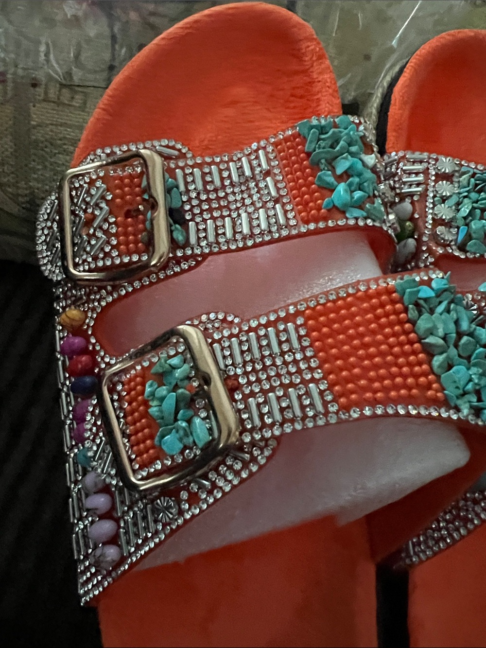Embellished Orange Slide Sandals with Turquoise & Siver Accents - Picture 2 of 14